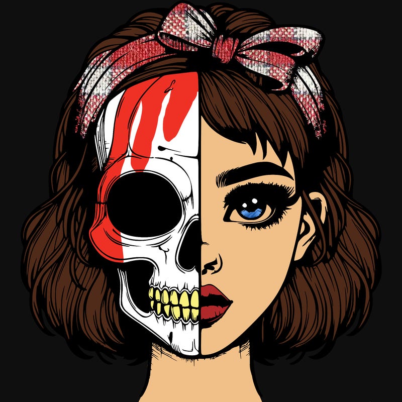realistic girl with half skull mask