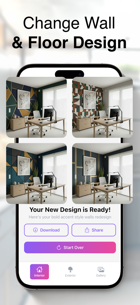 Interface d'application mobile montrant quatre motifs muraux géométriques générés par IA pour une refonte de bureau à domicile.