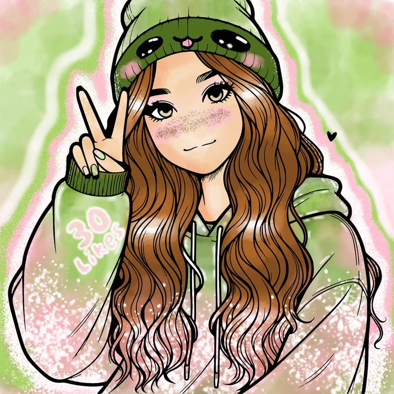 a teenage girl in a beanie, oversized sweatshirt, wavy long hair, and is showing a ✌️