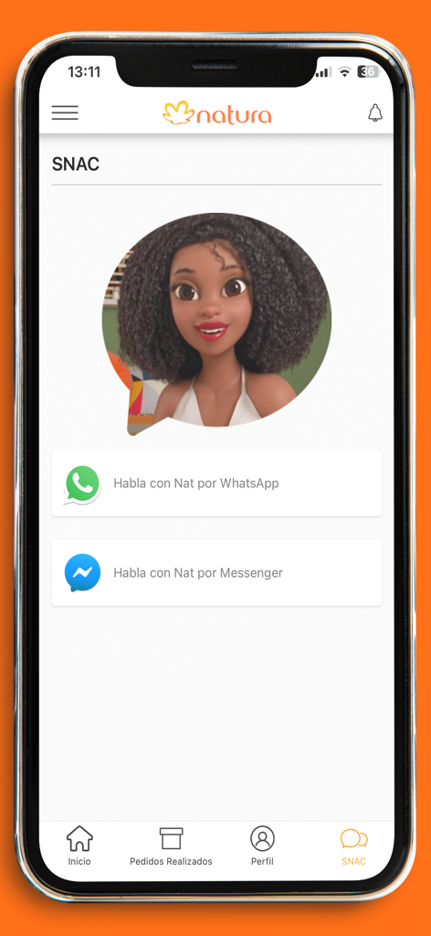 Mi Negocio Natura Bolivia - Pantalla de soporte en la app Natura con la asistente virtual Nat y opciones de contacto para WhatsApp y Messenger.