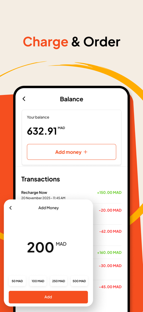 Interfaccia del portafoglio digitale dell'app DONE che mostra il saldo del conto e la cronologia delle transazioni