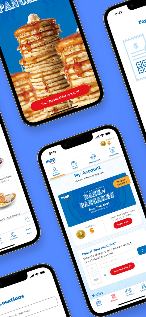 IHOP - Multiple screens of the IHOP mobile app displaying the International Bank of Pancakes loyalty program and PanCoins rewards