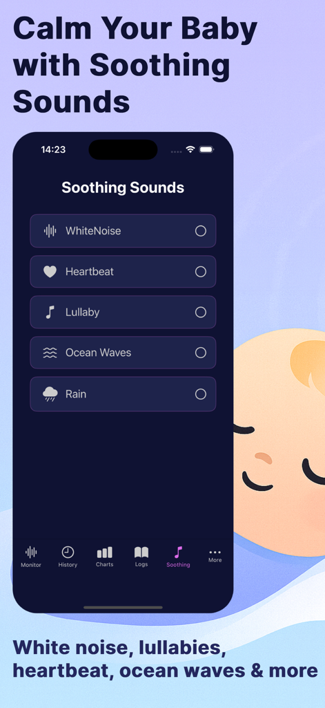 CrySense AI Baby Translator app interface showing the soothing sounds selection screen with options for white noise and lullabies
