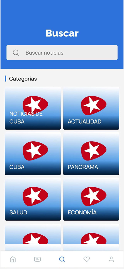 Interfaz de la aplicación Directorio Cubano mostrando una barra de búsqueda y categorías de noticias como Noticias de Cuba, Salud y Economía