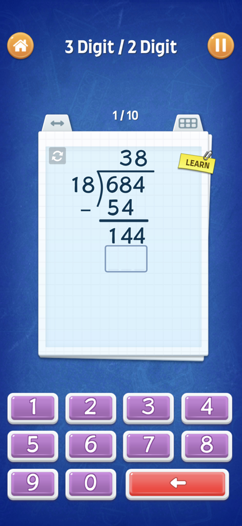 Educational math game showing a long division problem with three digit and two digit numbers