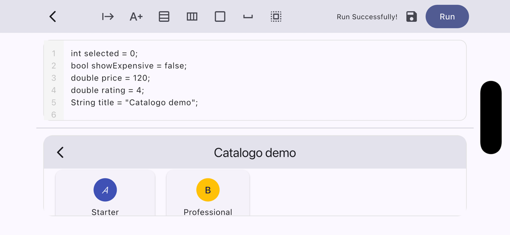 Flutter editor - Uma interface mobile para o aplicativo editor Flutter apresentando um editor de código Dart e uma prévia de UI ao vivo de uma demonstração de catálogo