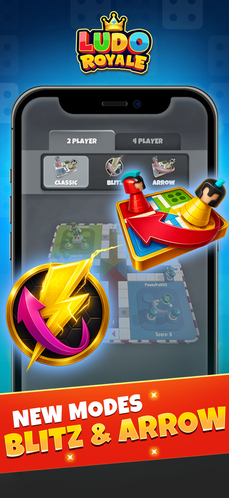 Ludo Royale: Dice Board Game - Pantalla móvil mostrando los nuevos modos de juego de tablero de Ludo Royale Blitz y Arrow