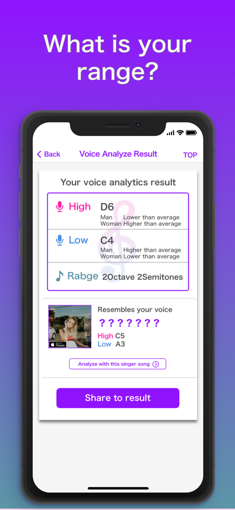 Karaoke Range & Voice Training - Smartphone screen showing voice analytics results including high and low vocal notes and total octave range