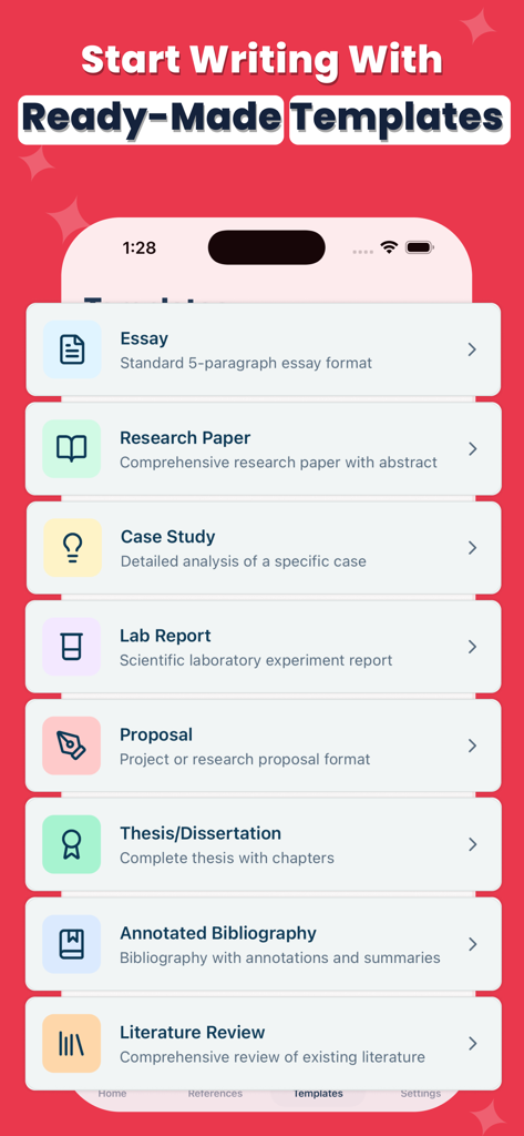 Academic Writing: Research AI - Um menu de modelos de redação acadêmica pré-fabricados, incluindo Ensaio, Trabalho de Pesquisa e Tese no aplicativo ResearchMate
