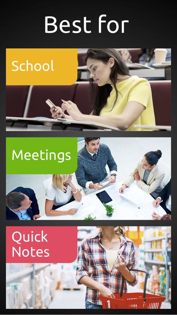 Graphic showing SuperNote app utility for school lectures, business meetings, and quick personal notes.