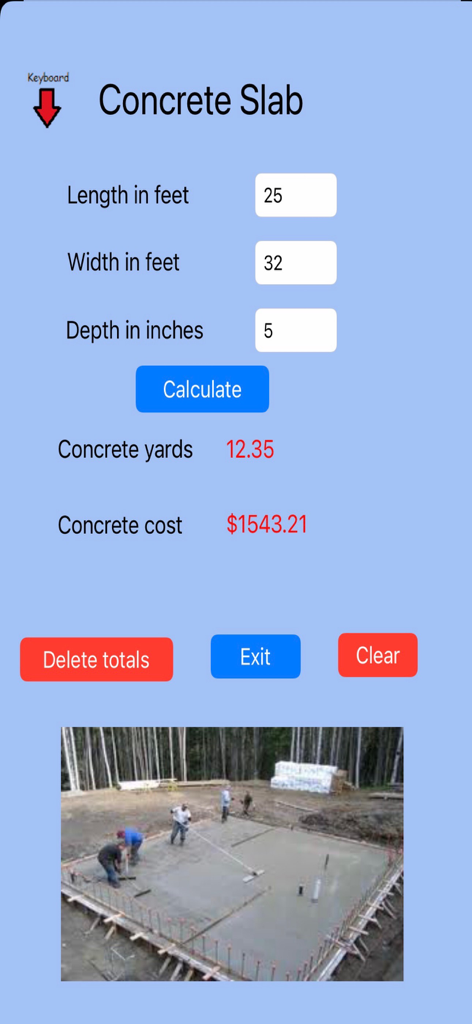 Interface do aplicativo Estimador de Construção para calcular metros cúbicos de laje de concreto e custos