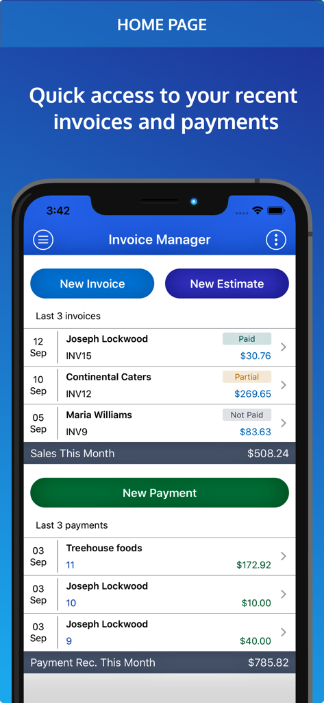 Invoice Pro. Invoice on the go - Dashboard of the Invoice Pro app showing recent invoices and payments on a mobile phone