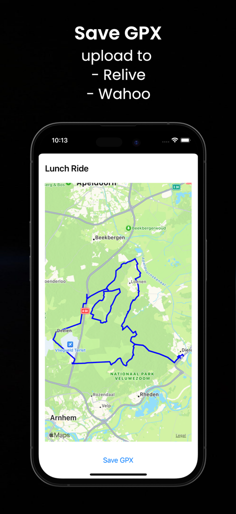 Strava to GPX - Smartphone screen showing a GPS cycling route on a map with a button to save activity as a GPX file for Relive and Wahoo.