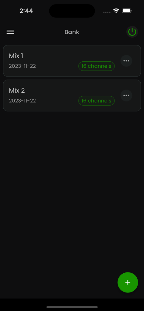 StageWave - StageWave app screen showing a bank of saved 16-channel monitor mixes.