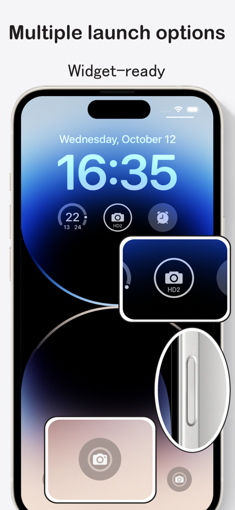 Opciones de lanzamiento de StageCameraHD2 incluyendo widgets de pantalla de bloqueo y botones de acceso rápido en un iPhone