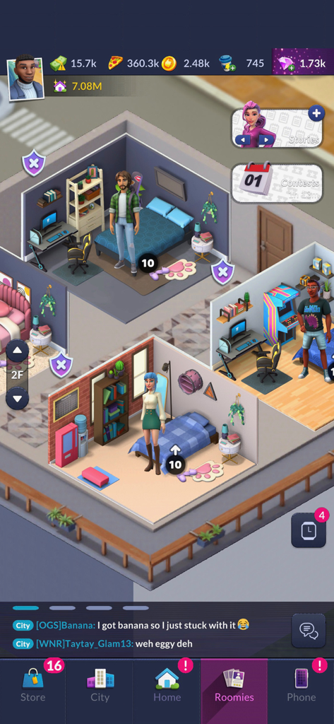 Eine isometrische Ansicht eines mehrstöckigen Hype House mit verschiedenen Avataren und benutzerdefinierten Möbeln im Single City Social Life Simulator.