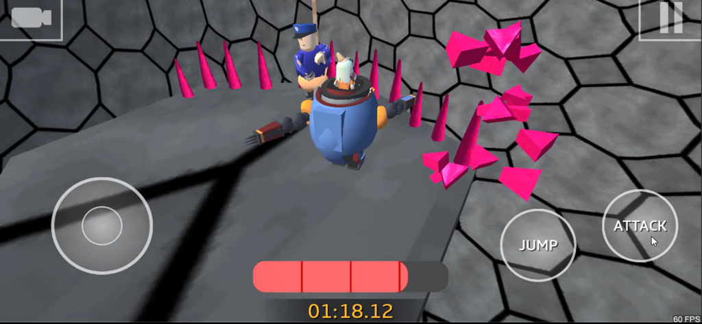 Escape  Barry Prison: Obby Run - Gameplay of Escape Barry Prison showing a character facing a guard near spikes and pink crystals
