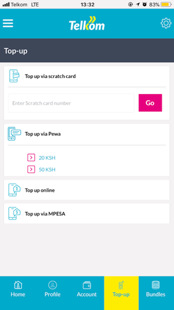 My Telkom - Interface of the My Telkom app showing different top up options like scratch card and MPESA