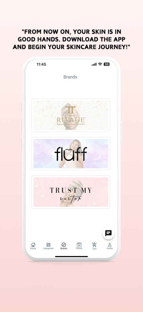 AUVA - A screenshot of the AUVA mobile app Brands screen featuring premium skincare and beauty labels.