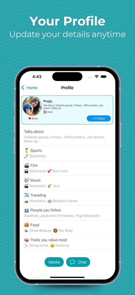 Oppy - Oppy app screen showing a detailed user profile with interests and personal preferences