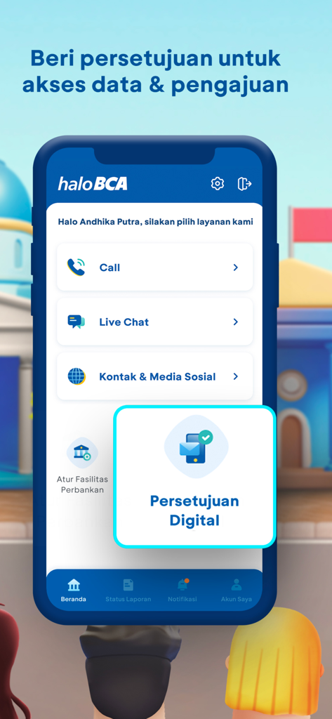 Halo BCA - Interface do aplicativo móvel Halo BCA mostrando o recurso de aprovação digital e opções de atendimento ao cliente