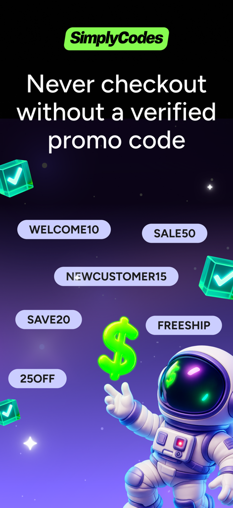 SimplyCodes: Coupons & Rewards - SimplyCodes app screen featuring verified promo codes and a space themed graphic with an astronaut