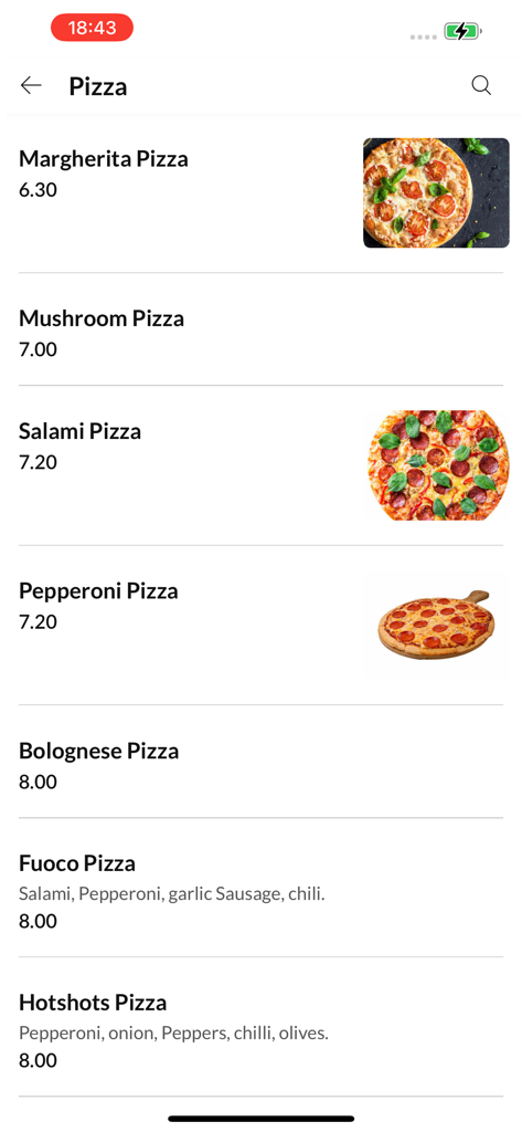 Mini Mix - Mini Mix app interface showing a pizza menu with prices and photos of Margherita and Pepperoni pizzas