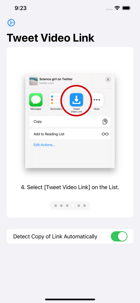 Pantalla de instrucciones que muestra cómo seleccionar la extensión Enlaces de Video para Twitter de la hoja de compartir de iOS