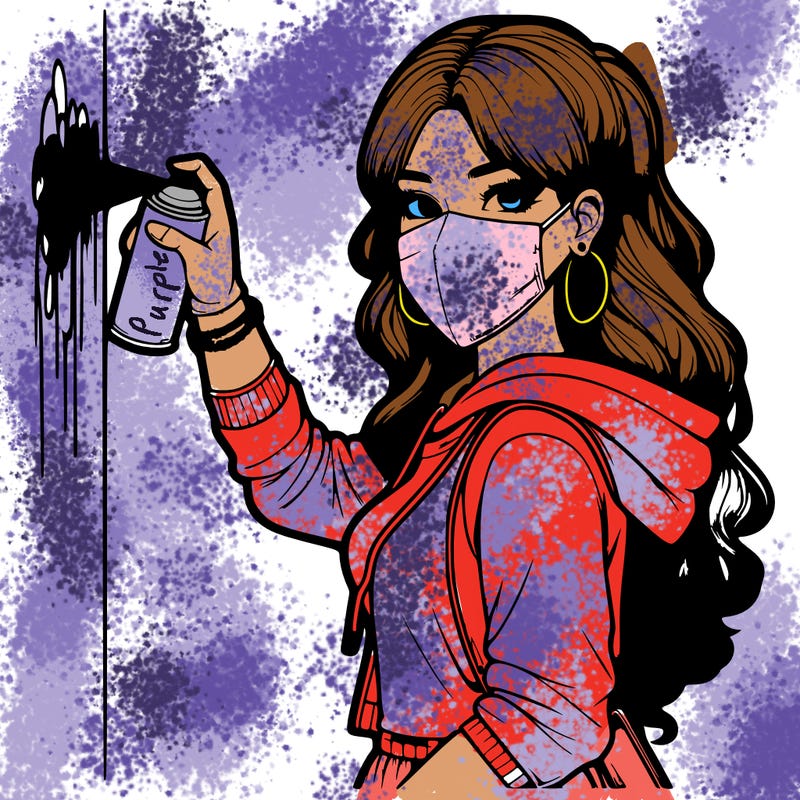 realistic girl with mask spray painting a wall