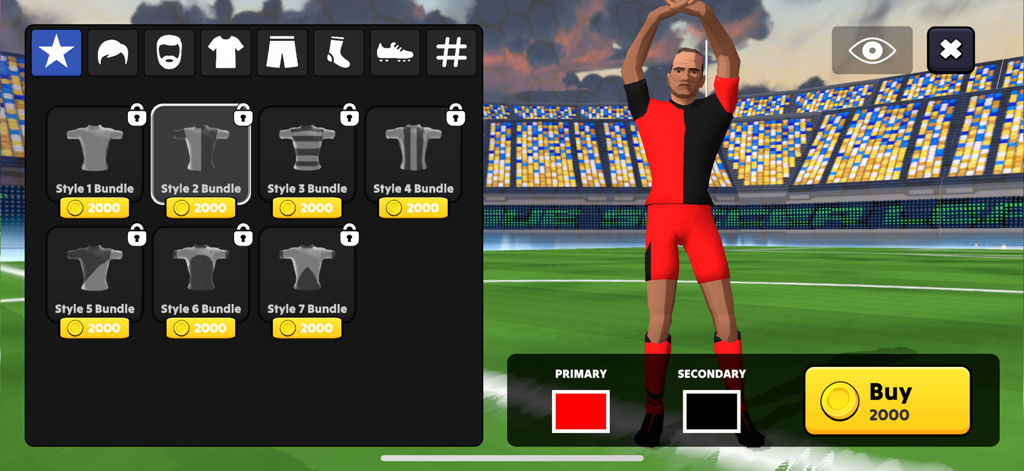 Soccer League - Football Match - 赤いキットと黒いキットのサッカー選手モデルと、様々なジャージスタイルのキャラクターカスタマイズ画面