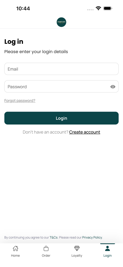 Aunties Street Food - Login screen for the Aunties Street Food mobile app