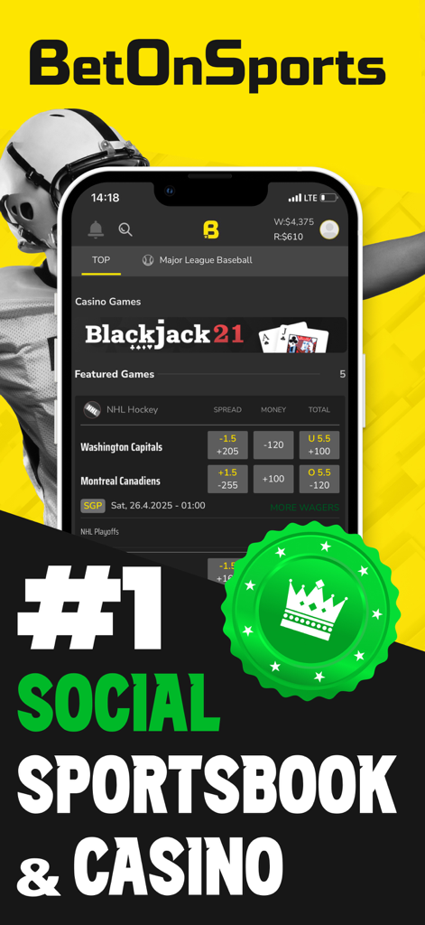 NHLベッティングオッズとブラックジャックカジノゲームを表示するBet On Sportsアプリのインターフェース