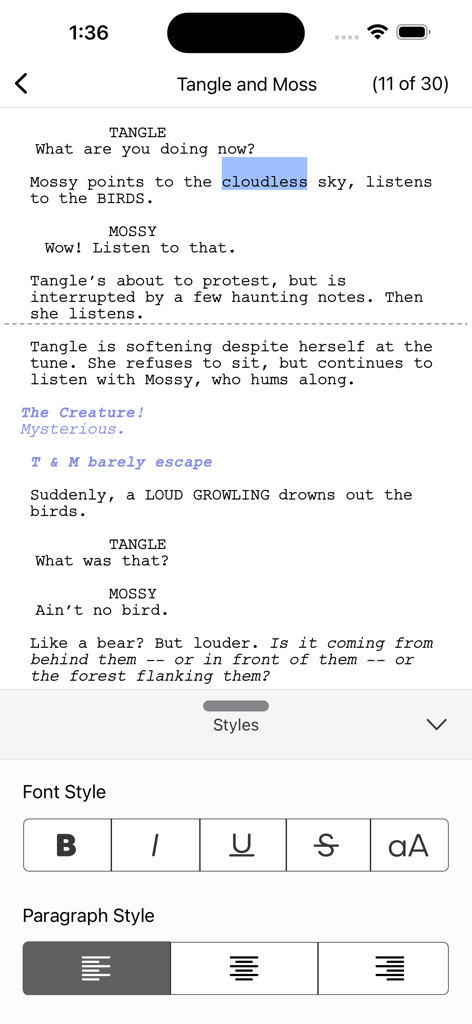 Final Draft Go mobile interface showing screenwriting text and formatting tools for font and paragraph styles
