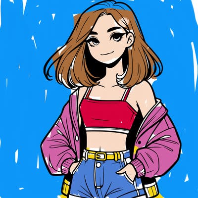 a realistic girl with a crop top and short shorts in an open jacket