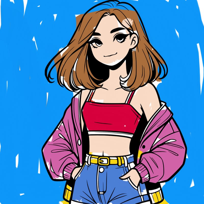 a realistic girl with a crop top and short shorts in an open jacket