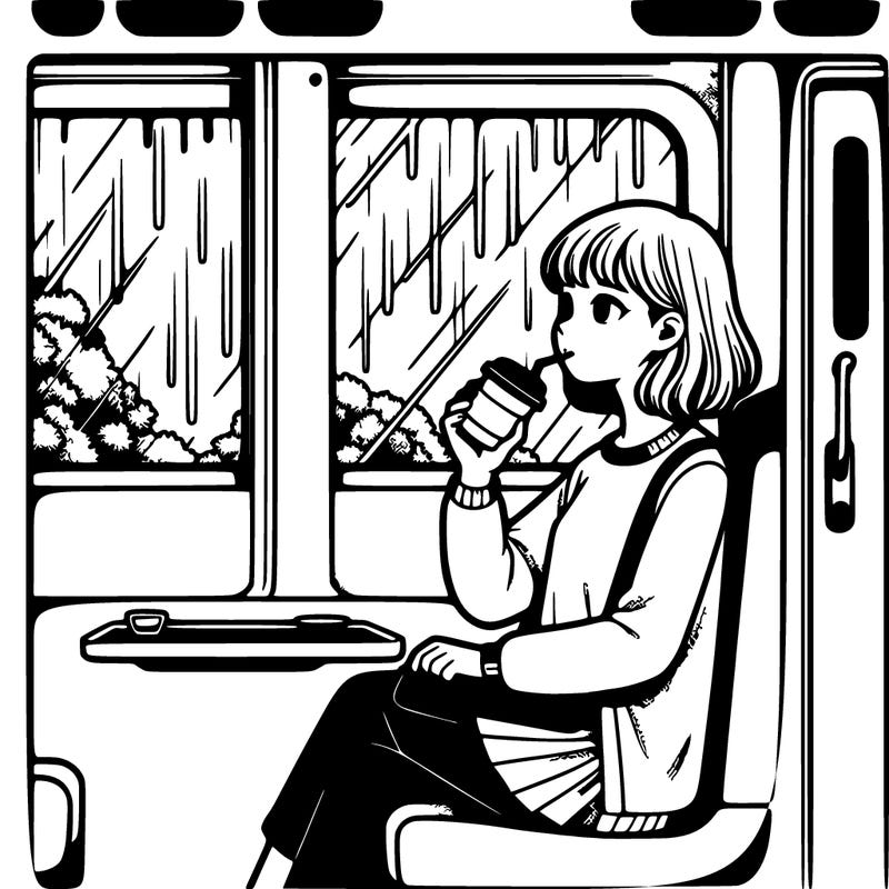 a realistic teenage girl is drinking coffee on an express train wen it is raining and sitting on a seat