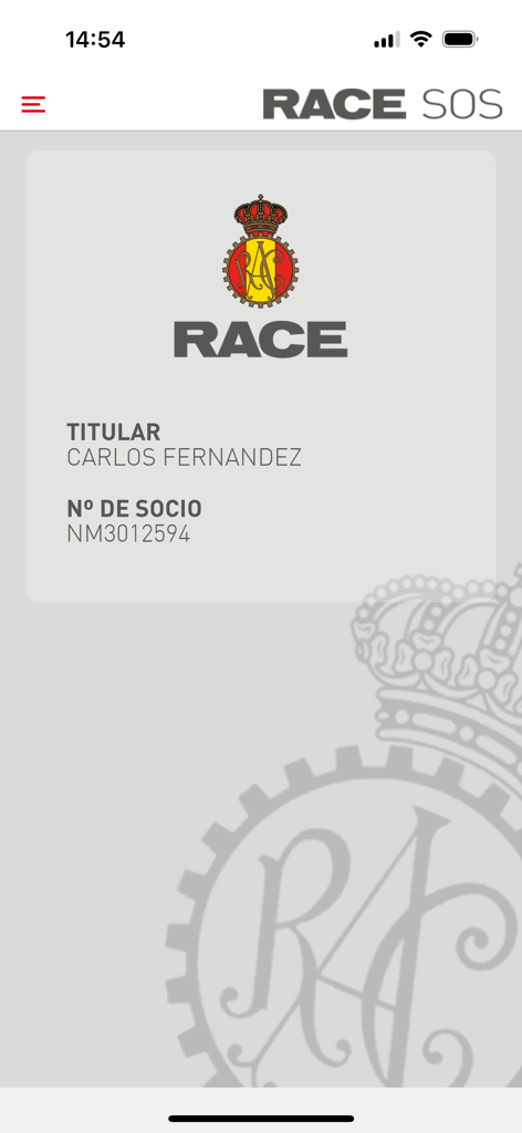 RACE SOS Asistencia - Carte de membre virtuelle RACE SOS Asistencia affichant le nom du membre et son numéro d'identification