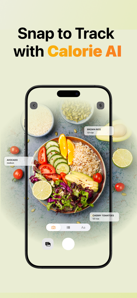 See How You Eat - Food Diary - Smartphone showing CalFit app interface using AI to identify healthy food items like avocado and brown rice on a plate.