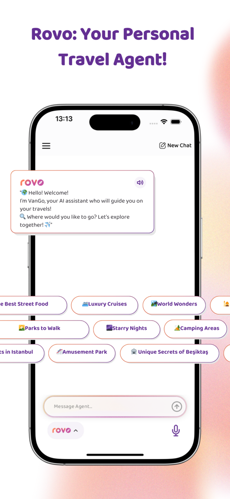 Rovo - Travel Agent - Rovo AI 개인 여행 에이전트 채팅 인터페이스와 여행 탐색 태그를 표시하는 스마트폰 화면