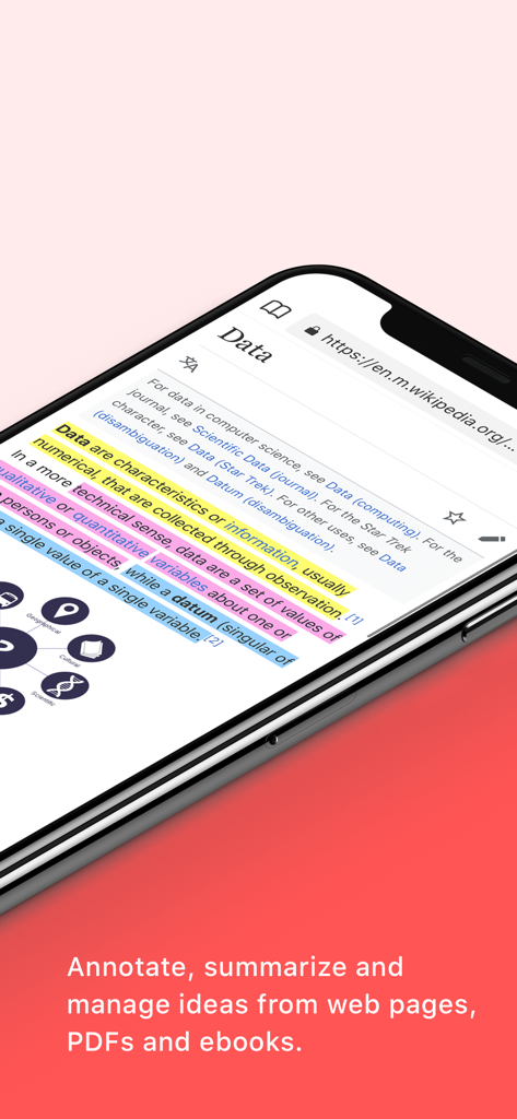 Markup Ultimate - Uno schermo di smartphone che mostra l'app Markup Ultimate utilizzata per evidenziare e annotare una pagina Wikipedia sui dati.