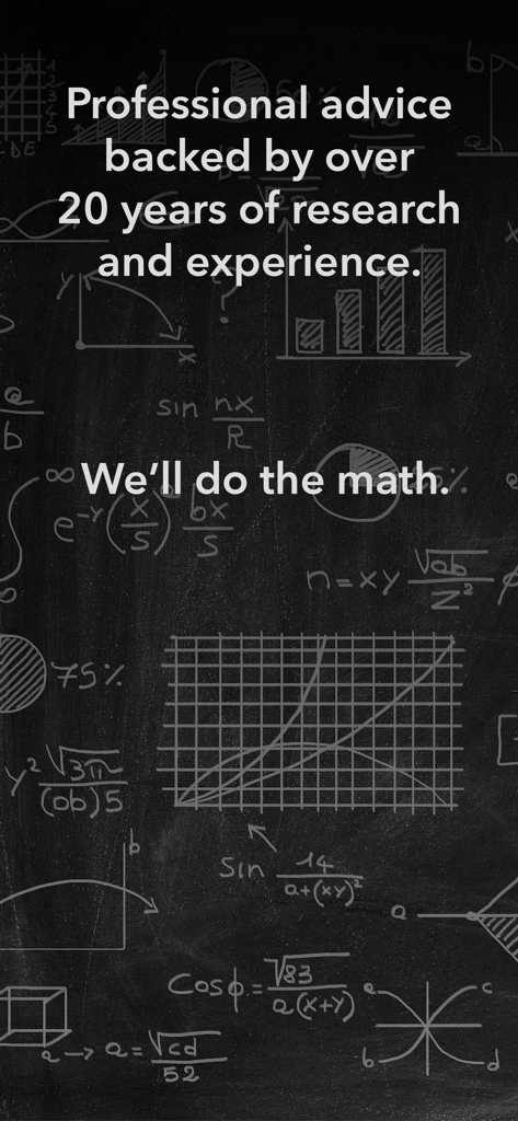 A chalkboard background with mathematical formulas featuring text that says professional advice backed by over 20 years of research and experience and we will do the math