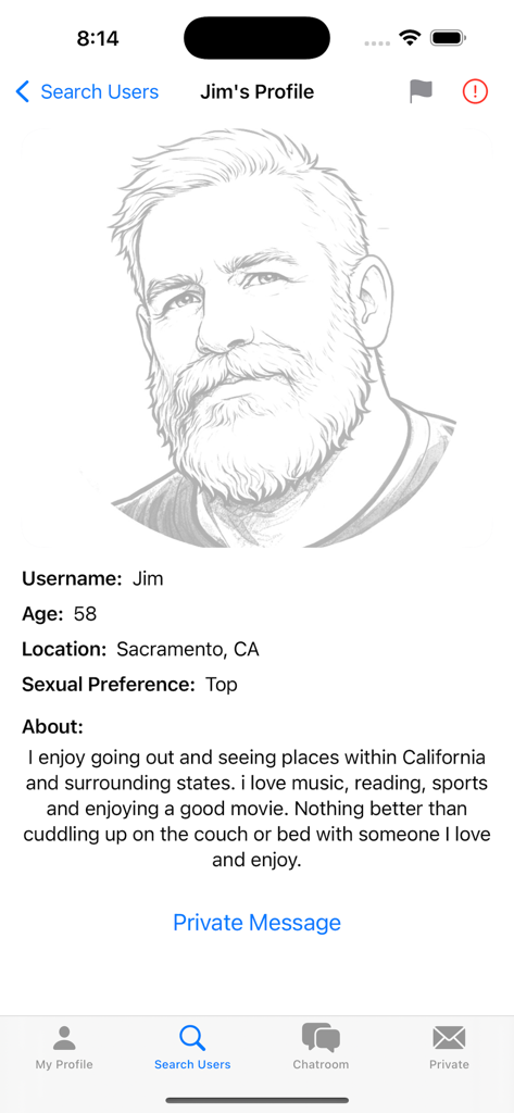 Gay Bear Chat - A user profile in the Gay Bear Chat app showing personal details like age and location for a user named Jim alongside his bio and a portrait sketch.
