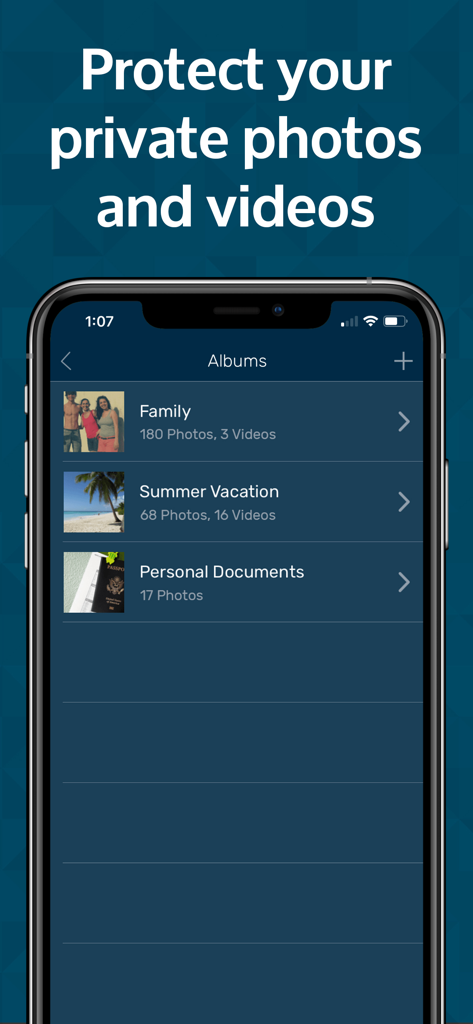 Mobile Security Protection App - Interface du coffre-fort photo de l'application Mobile Security affichant des albums privés pour la famille et les documents