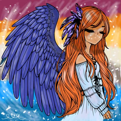 realistic girl with bird wings and some feathers in her hair