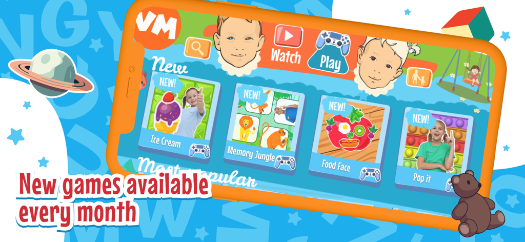 Vania Mania Kids Games & Video - Screenshot of the Vania Mania Kids app home screen showing various mini games like Memory Jungle and Food Face with a banner stating new games are available every month