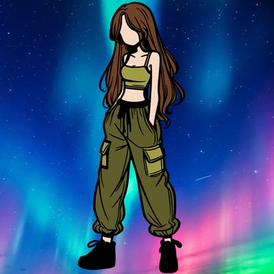 girl in baggy pants crop top and long hair