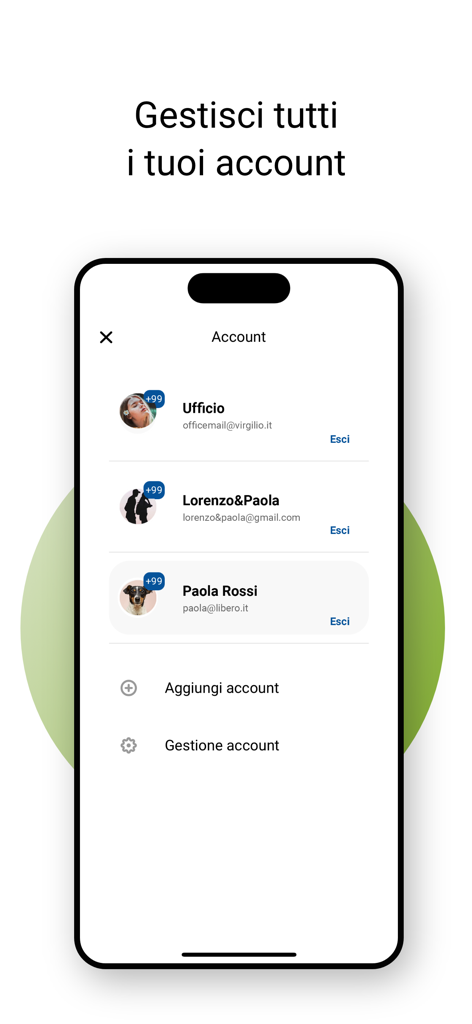 Una interfaz móvil de la app Libero Mail que muestra varias cuentas de correo de diferentes proveedores como Gmail y Virgilio gestionadas en una sola pantalla.