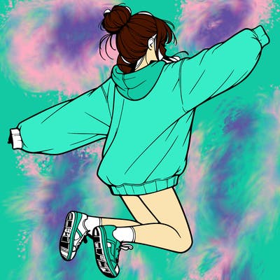 realistic girl jumping with a bun and oversized sweatshirt