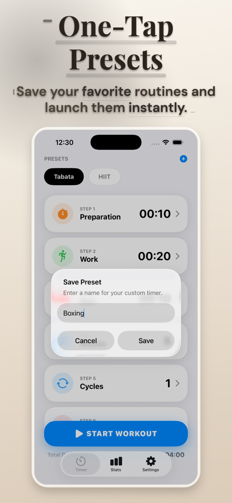 Interval Timer: Tabata Timer - Interfaz de la aplicación Interval Timer mostrando la pantalla de presupuestos con un solo toque donde un usuario está guardando una rutina personalizada de entrenamiento de boxeo