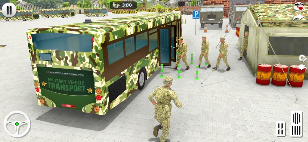 Gameplay of a camouflage army bus in a military transport simulation with soldiers boarding in a camp